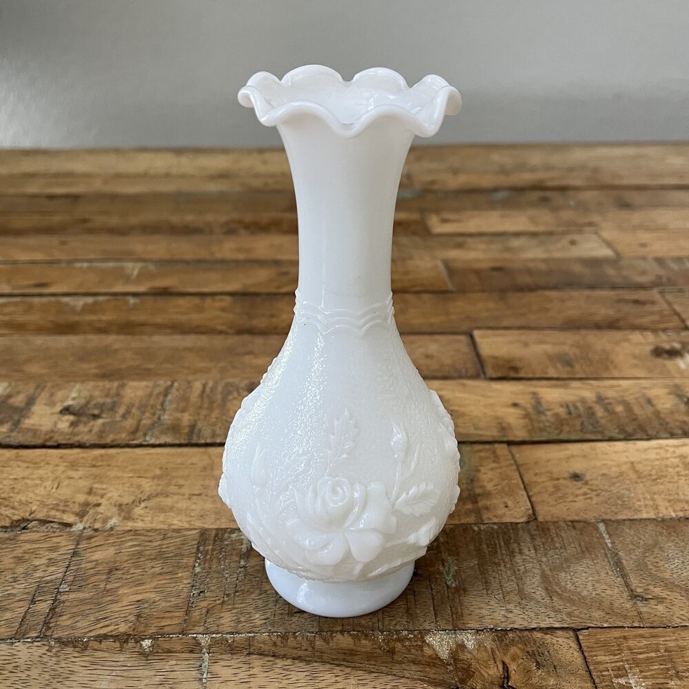 Imperial Milk Glass Bud Vase Embossed Roses Ruffled Scalloped Rim